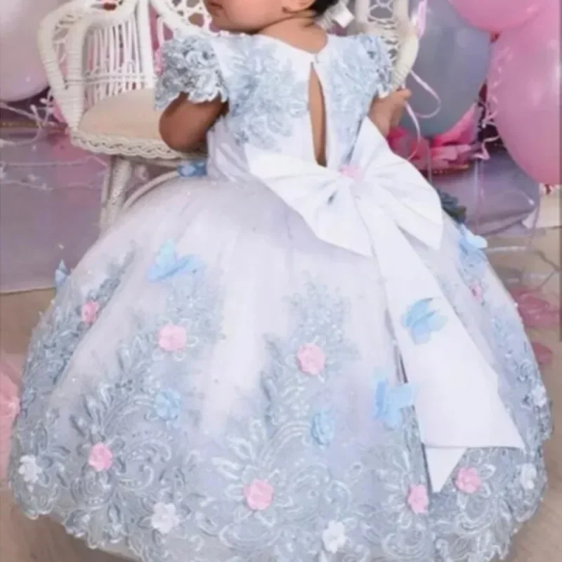 Cute Flower Girl Dress Bow Tiered Tulle Appliques Short Sleeves Baby Girl Kids Wedding Birthday Party Prom Holiday Dress