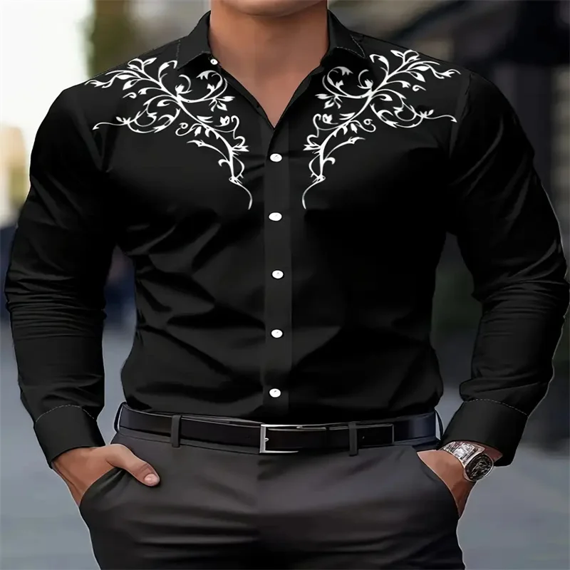 Men's Black Floral Pattern Long Sleeve Shirt - Button Neck Non Elastic Formal Casual Suit - Machine Washable Wedding Party Dress