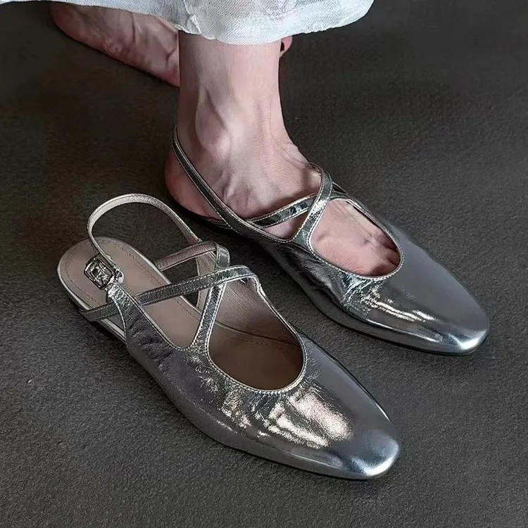 

Silvery Women Square Toe Mary Jane Shoes Casual Outdoor Soft Sole Flat Spring Autumn Wedding Party Shoes