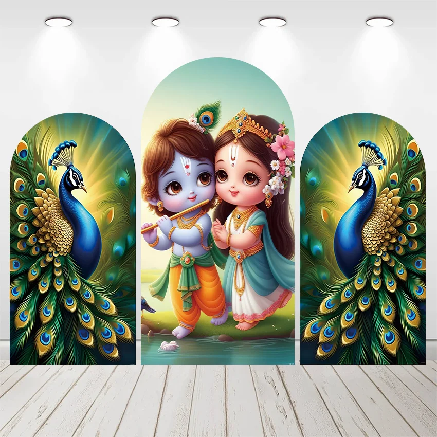 Mehofond مخصص 2-Sided الهند ياشودا وكريشنا الطاووس حفلة عيد ميلاد الطفل غطاء دش كيارا قوس خلفية ديكور خلفية