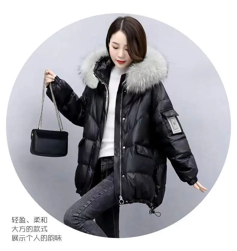 2026 Winter New Warm Down Cotton Jacket With Large Fur Collar Hooded Coat Loose Women Thicken Parker Puffer Overcoat Casual Wear