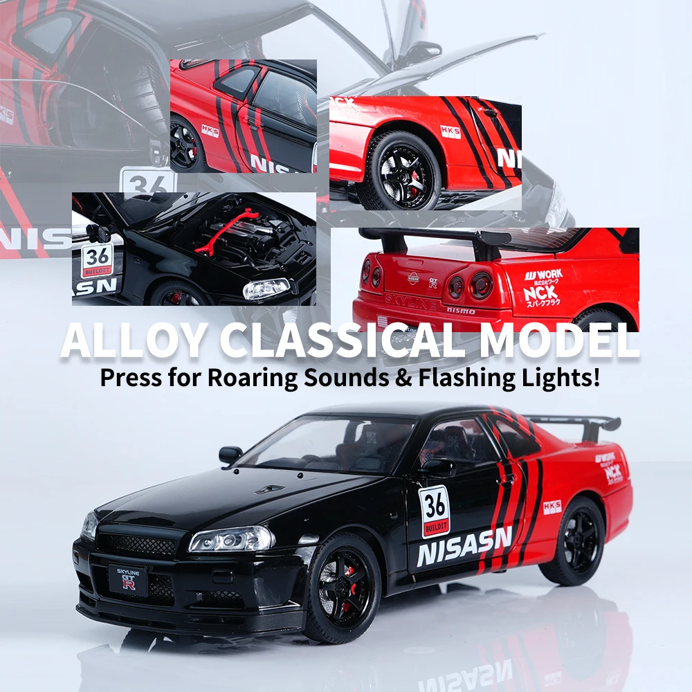 

Модель спортивного автомобиля из черного сплава 1:24 со звуком и светом, откатным механизмом, четырехдверная, четырехколесная подвеска, подходит для любителей спортивных автомобилей/украшения рабочего стола/Рождества/подарки на Хэллоуин