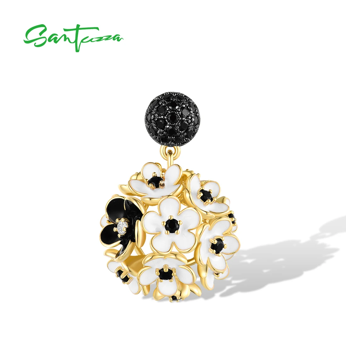 

SANTUZZA Genuine 925 Sterling Silver Pendant for Women Sparkling White Black Hollow Cluster Enamel Flower Wedding Fine Jewelry