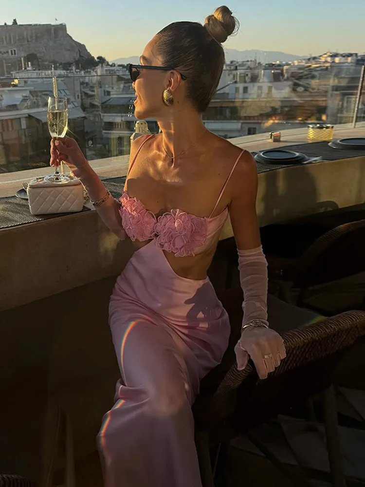 Seksowna, satynowa sukienka na ramiączkach z kwiatami 3D, elegancka, ażurowa, bez rękawów, z odkrytymi plecami, dopasowana, nowa letnia sukienka na plażę, do klubu, na imprezę.