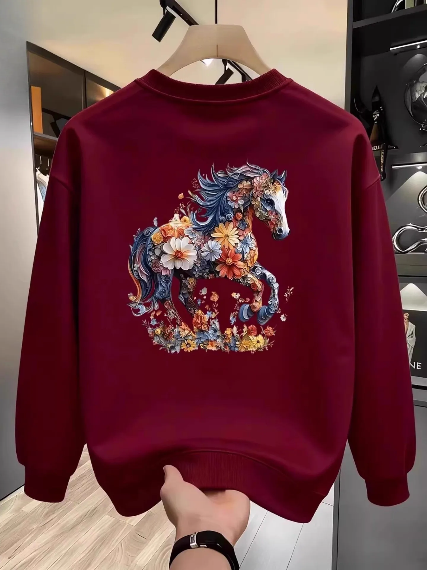 

Худи большого размера с цветочным принтом, винно-красное, с длинным рукавом, осенне-зимнее, хлопковое, модель 300 Pou