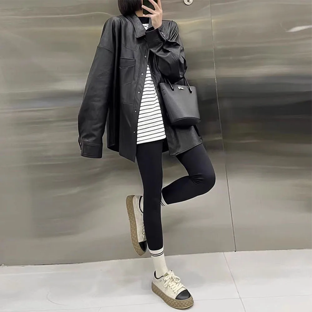 Spring Fashion Women\'s Leather Jacket Retro Streetwear PU Coat Casua Lady Loose Locomotive Overcoat Faux Leather Female Clothing