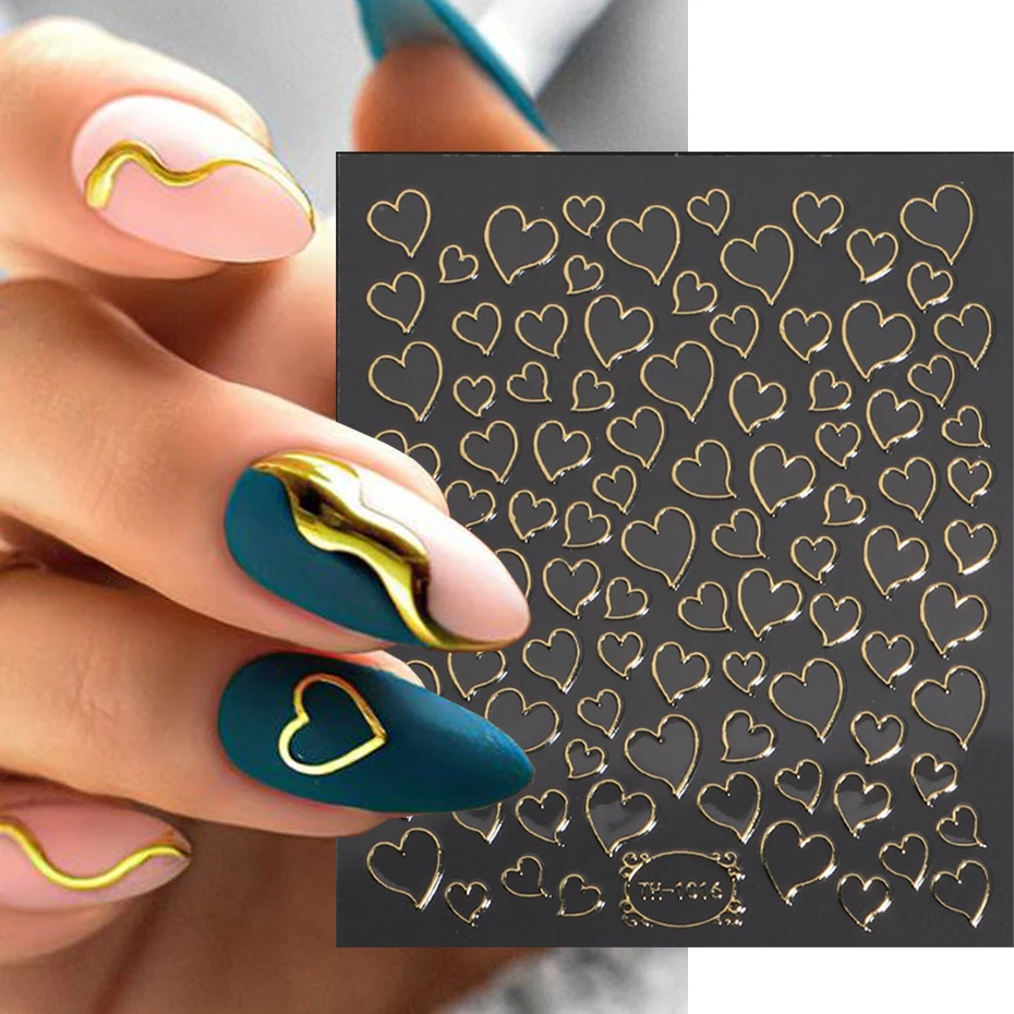 1PCS Gold Heart Nail Stickers Y2K Nail Art Decoration Hollow Love Heart Abstract Bronzing Flowers Stickers For Nails