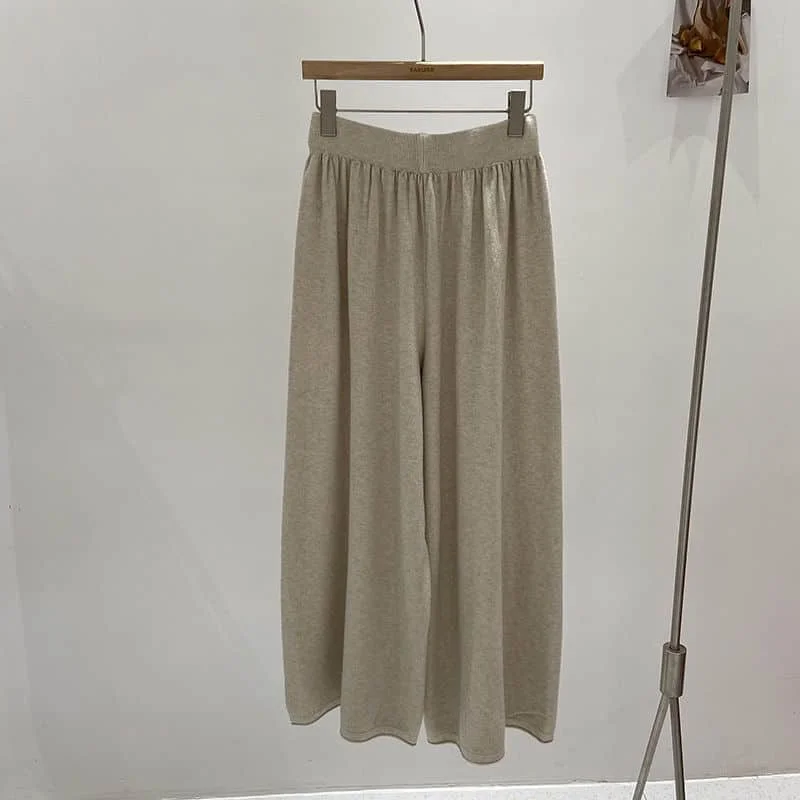 Knitted Wide Leg Pants Women Autumn Solid Vintage Korean Style Minimalist Trousers Loose Casual Elastic Waist Straight Pants