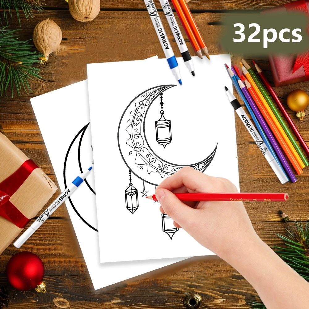 32pcs, Eid Doodle Colouring Cards, DIY Colouring Cards, Eid Painting Cards, Moon, Stars, Lanterns Family and Party Activities