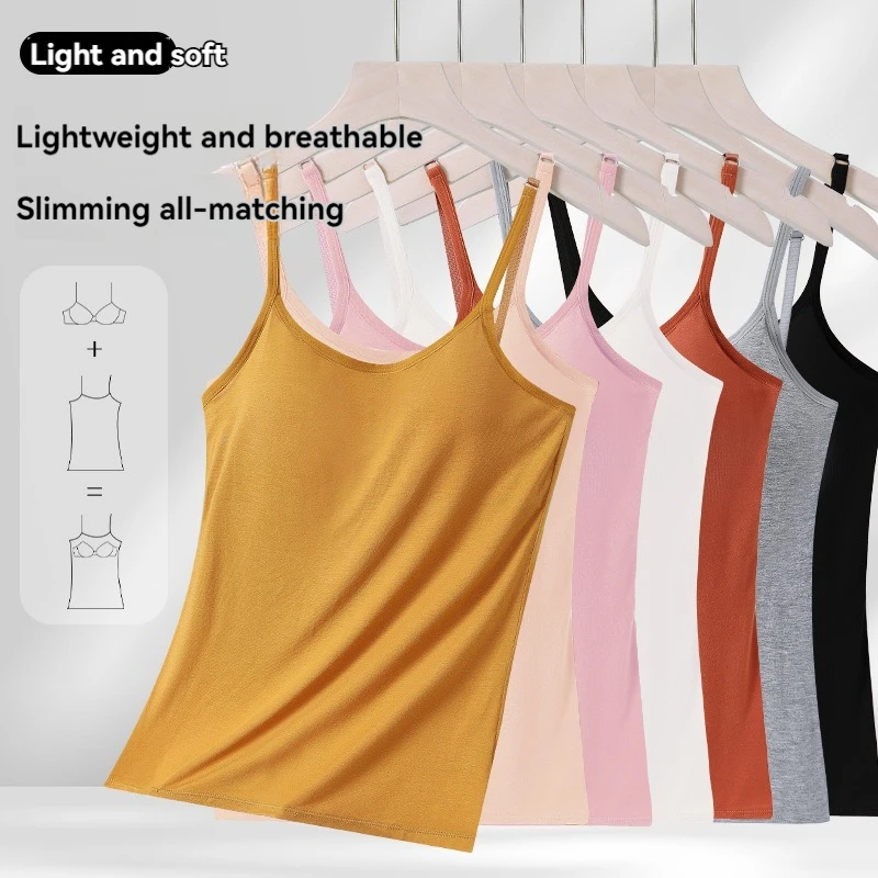 Undershirt Solid Color Smocked Camisole Tank Top with Bra Pads Tops Female Summer Underwear Bottoming Anti-walking Bustie