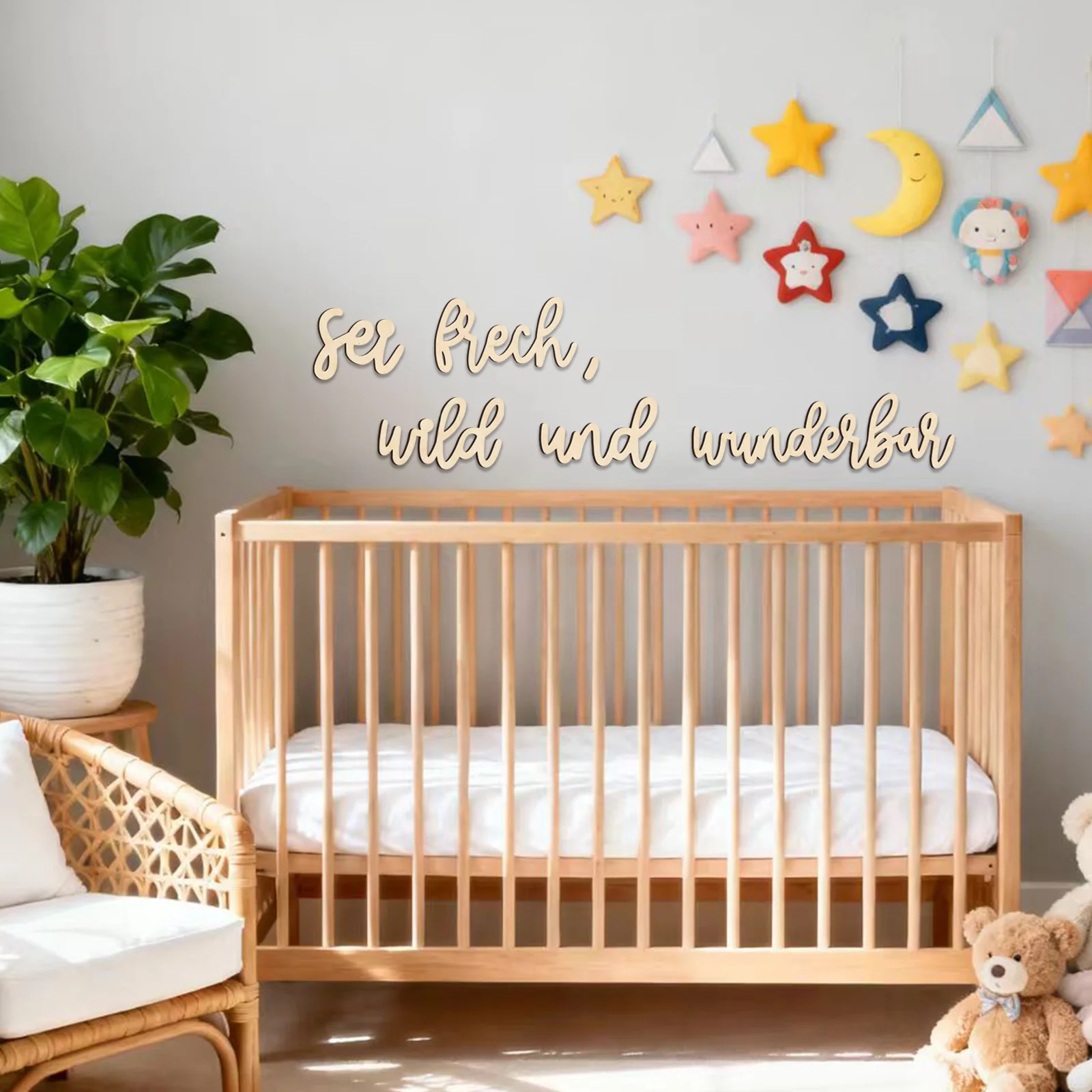 لافتة حضانة خشبية ألمانية - مجموعة مكونة من 5 قطع "Sei Frech, Wild und Wunderbar"، بسمك 4 مم، ديكور جدار غرفة الأطفال، هدية استحمام الطفل