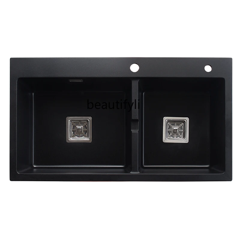 Quartz Stone No. plus-Sized Double Slot Washing Basin Black Granite Kitchen Sink Sink Package