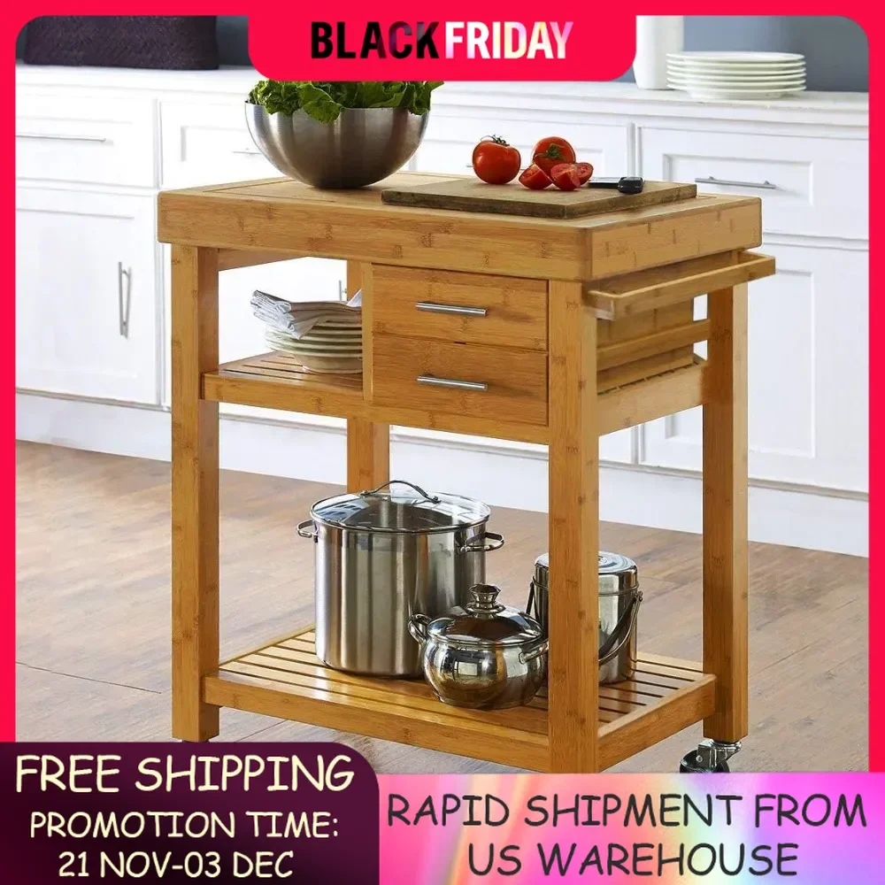 Rolling Kitchen Island Cart with Drawers Shelves, Towel Rack Locking Casters, Butcher Block Food Prepping Cart Trolley on Wheels