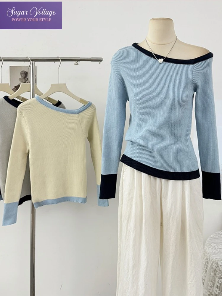 Fashion Casual Top Women Autumn One Shoulder Irregular Color Block Knit Shirt Long Sleeve Slim Fit Retro Chic Stylish Outfit