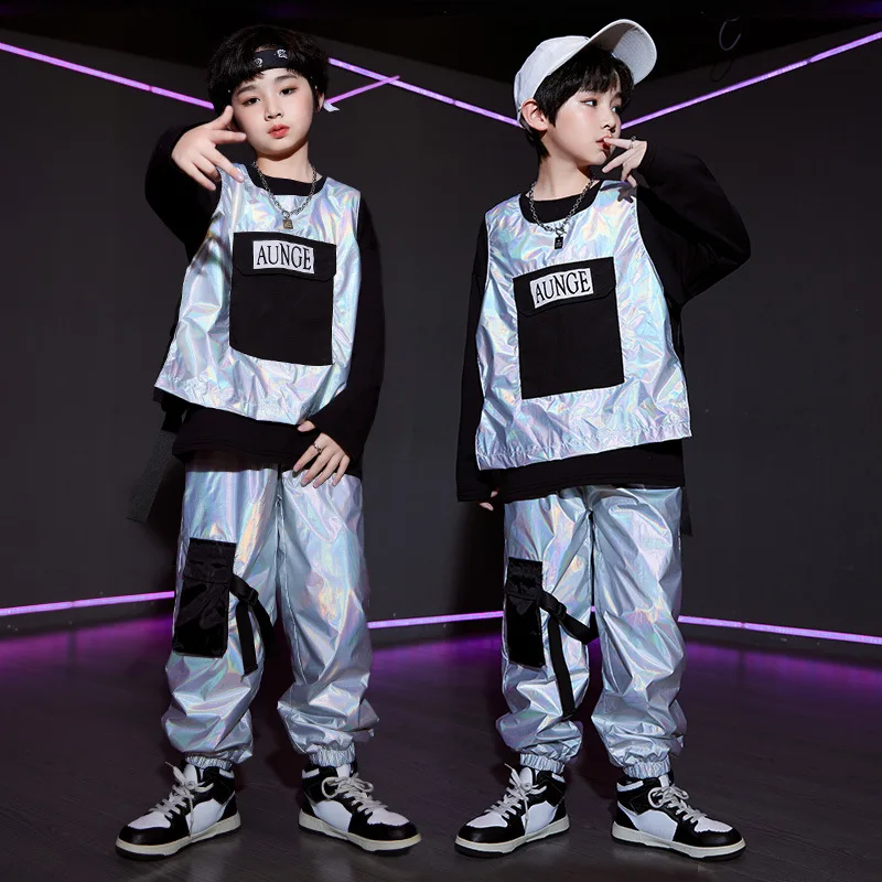 

Kid Kpop Hip Hop Clothing Silver Sleeveless Jacket Vest Casual Pocket Jogger Pants for Girl Boy Jazz Dance Costumes Clothes Set