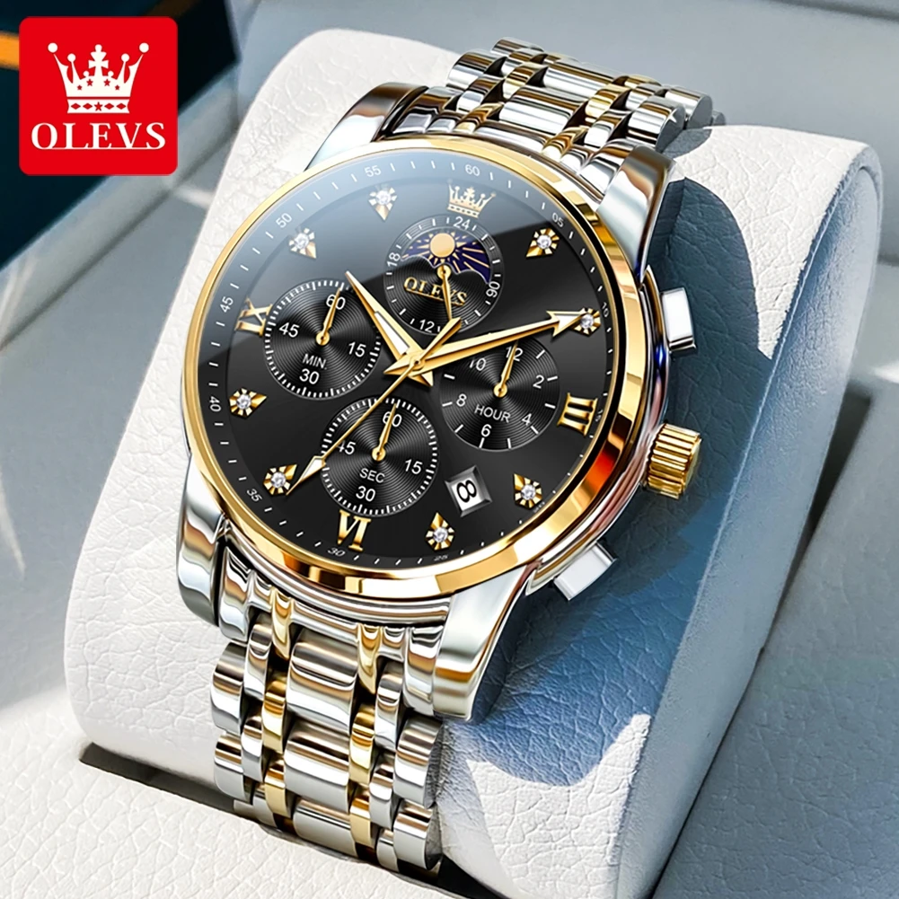 OLEVS 3655 Moon Phase Man Watch 2025 New Elegant 7 Hands Design Luxury Original Quartz Watch for Men Multifunction Men's Watches