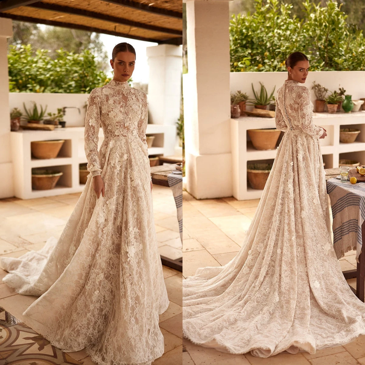 

Mermaid Wedding Dresses High Collar Long Sleeves Appliques Lace Bridal Gowns Custom Made Button Back Sweep Train Robe Vestidos