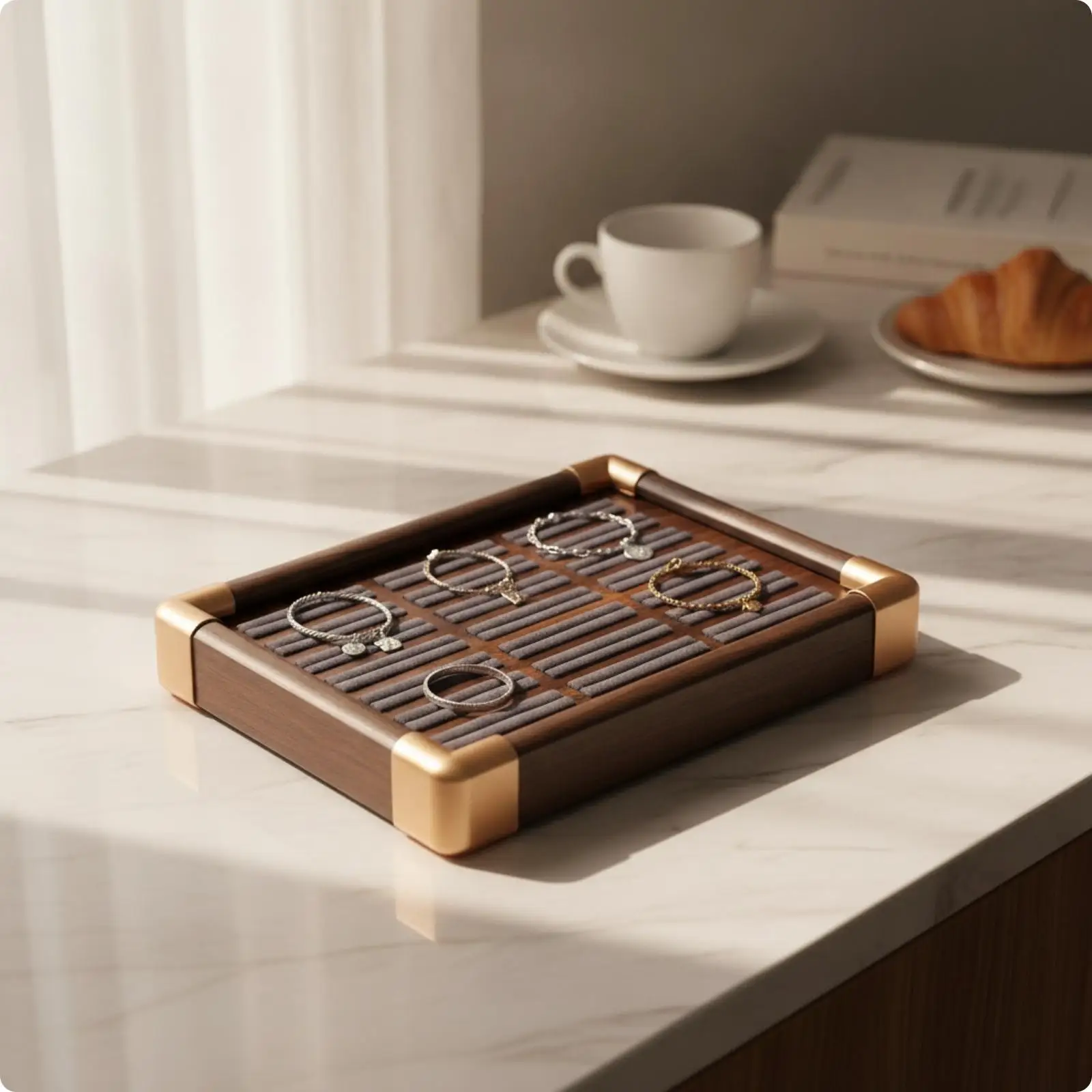 Walnut Velvet Jewelry Tray for Necklaces Bracelets Display Wood Frame Gold Trim Organizer Box for Vanity Table Countertop