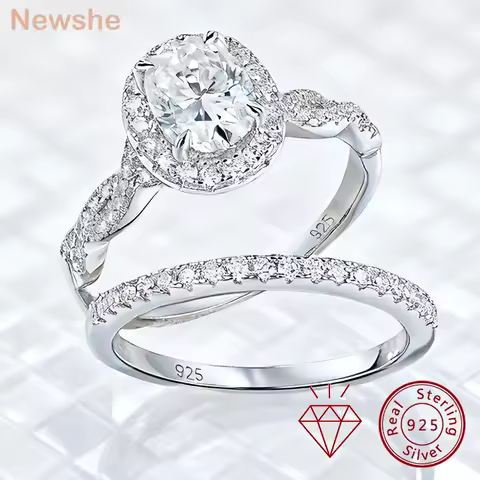 Newshe 925 Sterling Silver D VVS1 Full Moissanite Wedding Rings Set for Women Halo Oval Cut Engagement Ring