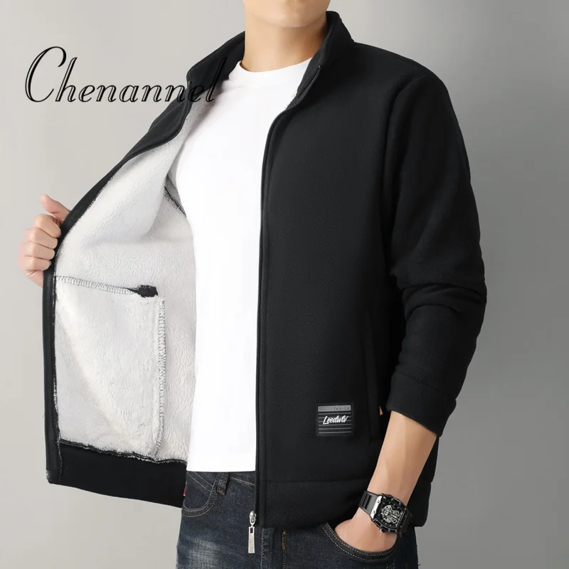 Otoño Invierno Polar abrigo con cuello levantado hombres más lana gruesa Sudadera con capucha cálida chaqueta de lana Casual cárdigan a prueba de viento hombres