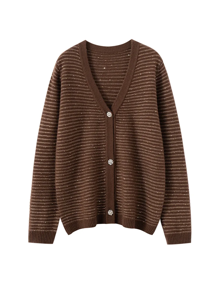 

Fragrant Wind Women Sweater 100% Cashmere Cardigan Sweater V-Neck Golden Thread Sequins Warm Autumn Winter Knit Sweater Clothing