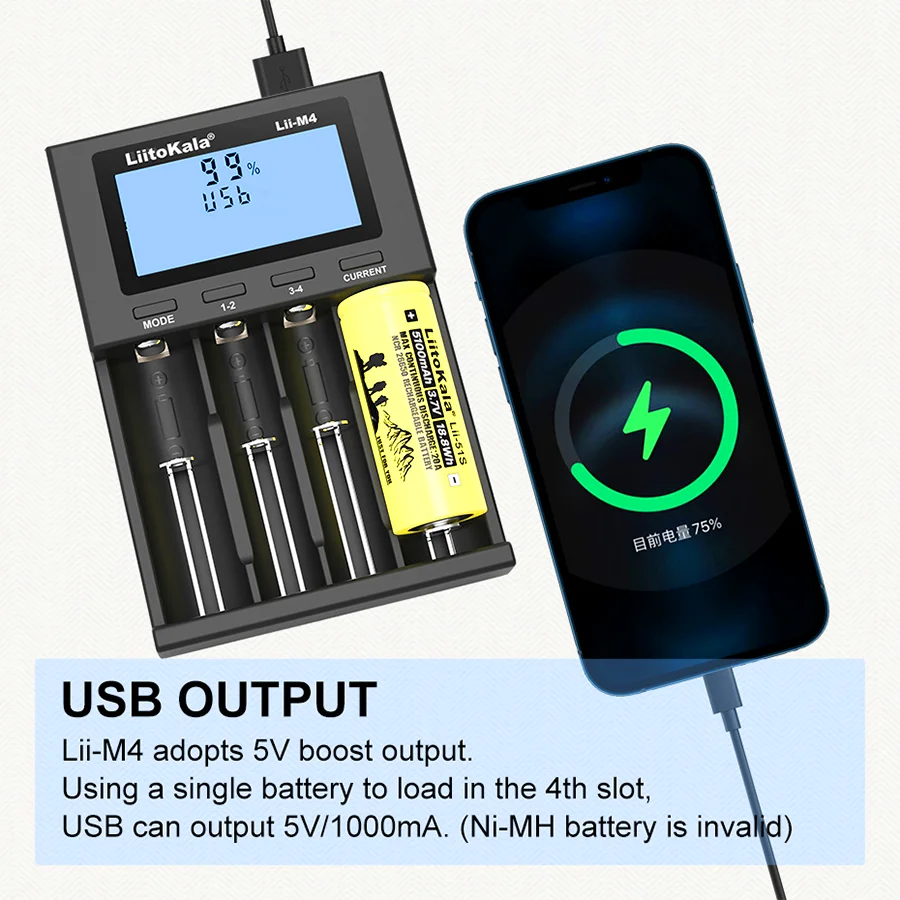 LiitoKala Lii-M4 18650 Wyświetlacz LCD Inteligentna ładowarka Pojemność testowa Nadaje się do 3,7 V 26650 18350 21700 18500 1,2 V AA AAA 4 gniazda