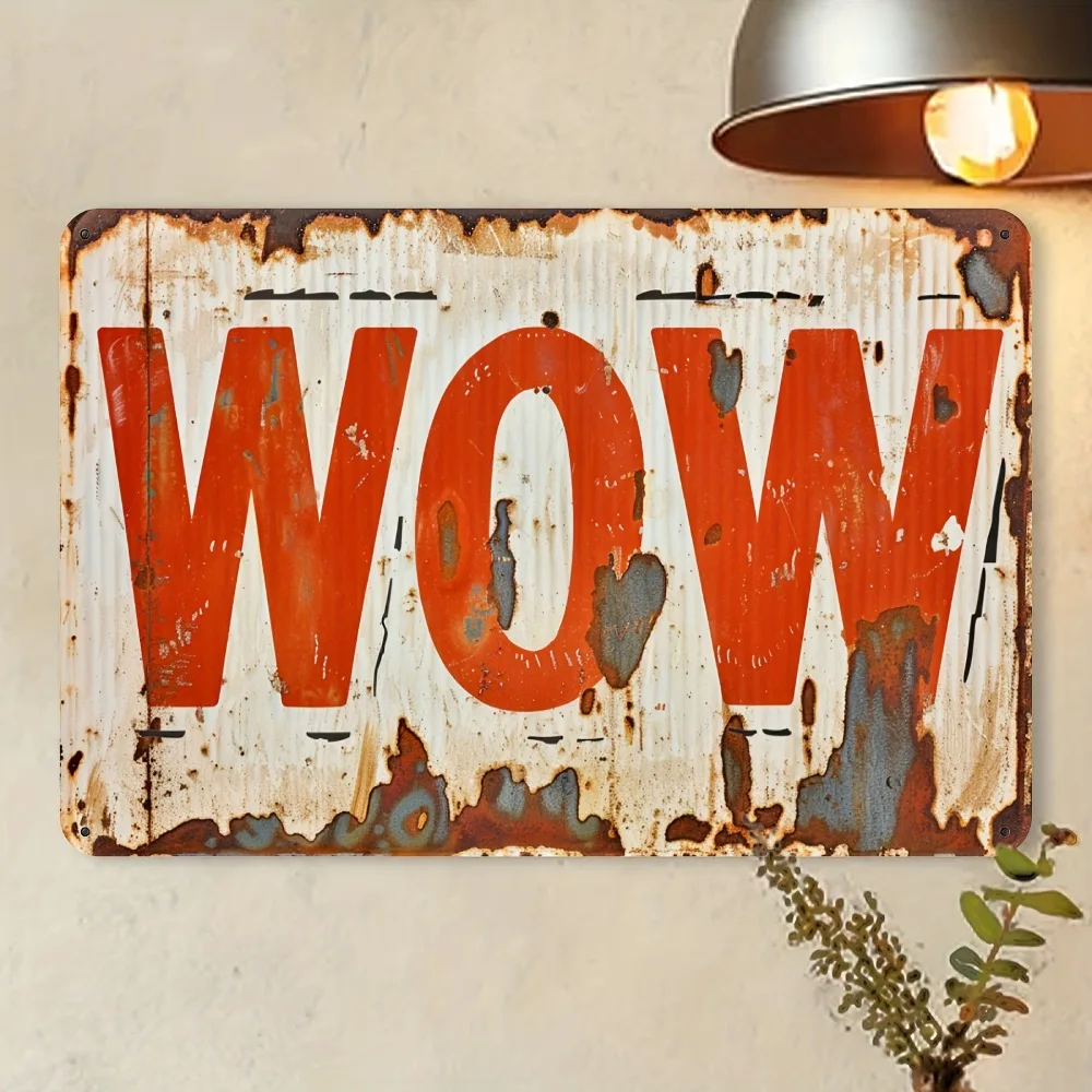 Vintage-Wandkunst aus Metall mit der Aufschrift „WOW“, rustikales Blechschild aus Eisen für Wohnzimmer und Unterhaltungsbereich, 12 x 8 Zoll
