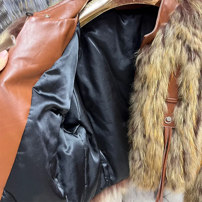 2025 New Fashion Women Real Natural Raccoon Fur Strip Sewed Toghter Coat Winter Thick Warm Long Sleeves Luxury Outerwear Jackets