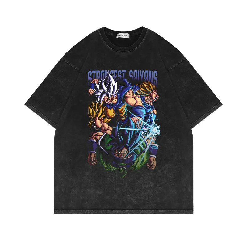 Washed Old Retro Short-sleeved T-shirt Classic Anime Dragon Ball American Fashion Casual Oversize High Street Half-sleeved T