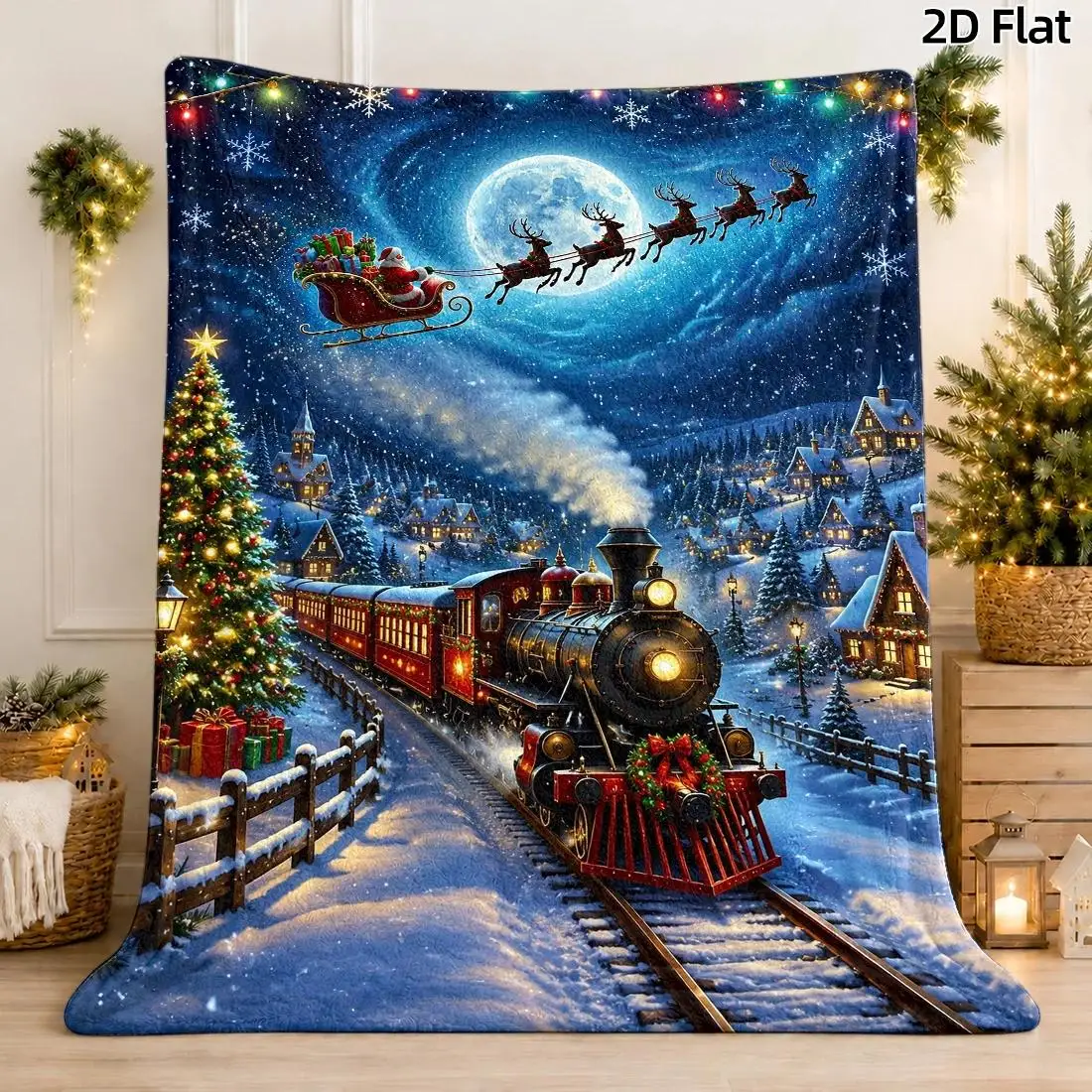 1pc 2D Flat Throw Blanket, Flying Donkey & Christmas Night Sky, Whimsical Santa & Train, Festive Red Decor Blanket
