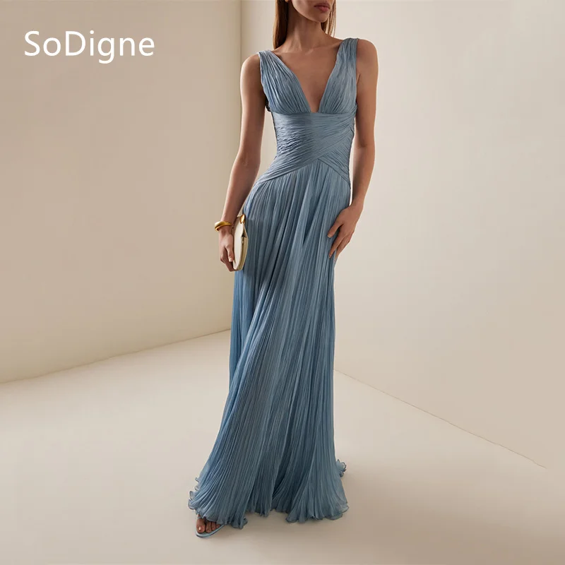 

SoDigne A-Line Arabic Evening Dresses Spaghetti Strap Deep V-Neck Pleat Prom Dress Floor-Length Prom Party Gown 2025 Customized