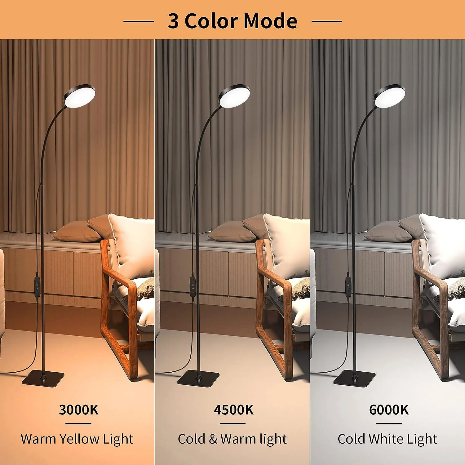 LED Standing Floor Lamp com Gooseneck ajustável, lâmpadas altas brilhantes, 4 níveis de brilho 4 temperaturas de cor, Standard Room Decor