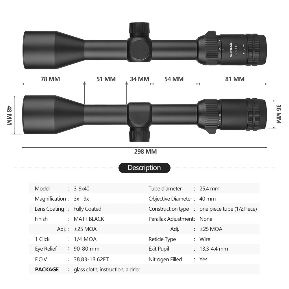 SPINA OPTICS JS 3-9X40 Glass Etched Reticle Optical Spring Rifle Carbine Scope Sight w Picatinny&Dovetail Mount&Bubble level view 5