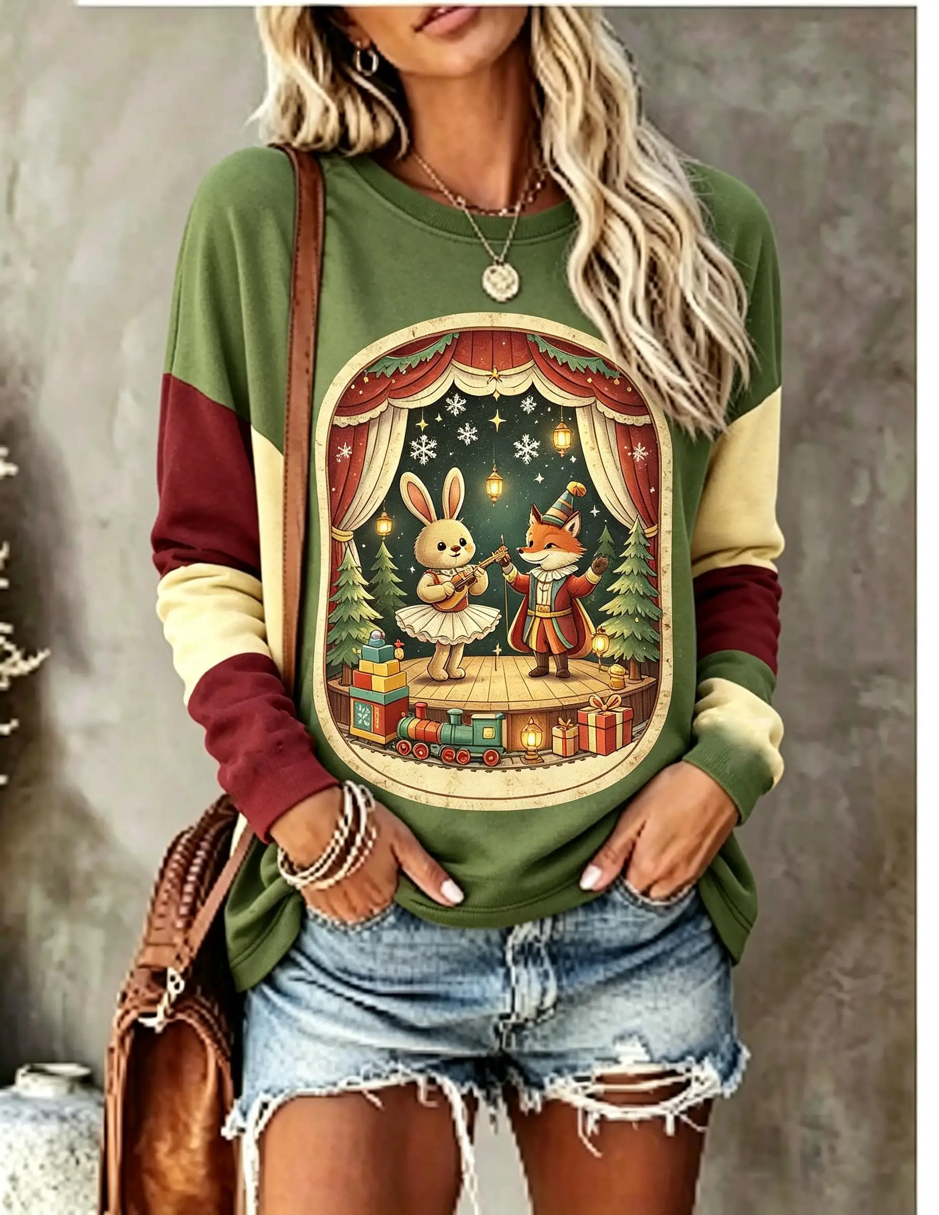 Women Long Sleeve T‑Shirt Christmas Gingerbread Man Candy Factory Conveyor Belt Color Block Print Crew Neck Casual Tops