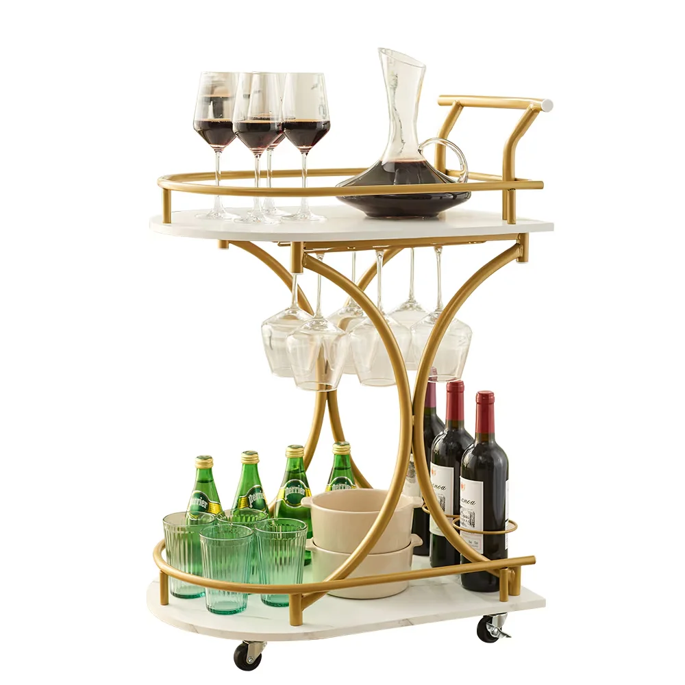 

2-Tier Bar Cart,Gold Wine Cart with Wine Rack & Glass Holder,Mobile Bar Serving Cart,for Party,Home,Rolling Drink Trolley