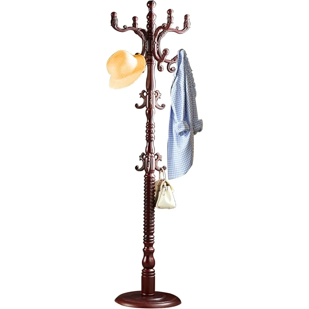

Wooden Coat Rack, Garment Storage Holder, Freestanding European style Hat Hanger with 14 Hooks & Disc base Easy to Assemble Coat