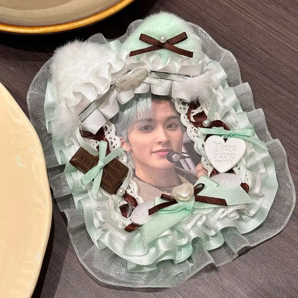 Cute Pink Bow Card Holder Plush with Ribbon Photo Protector Case Anime Lace Photocard Holder