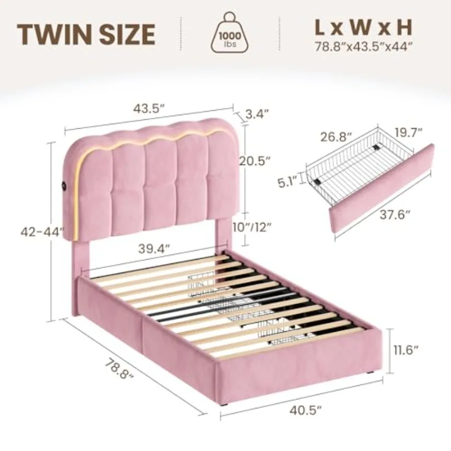 Twin Bed Frame with Storage Drawers and Headboard, Velvet Upholstered LED Platform Bed Frame for Kids, Sturdy Metal Cloud Bed - view 3