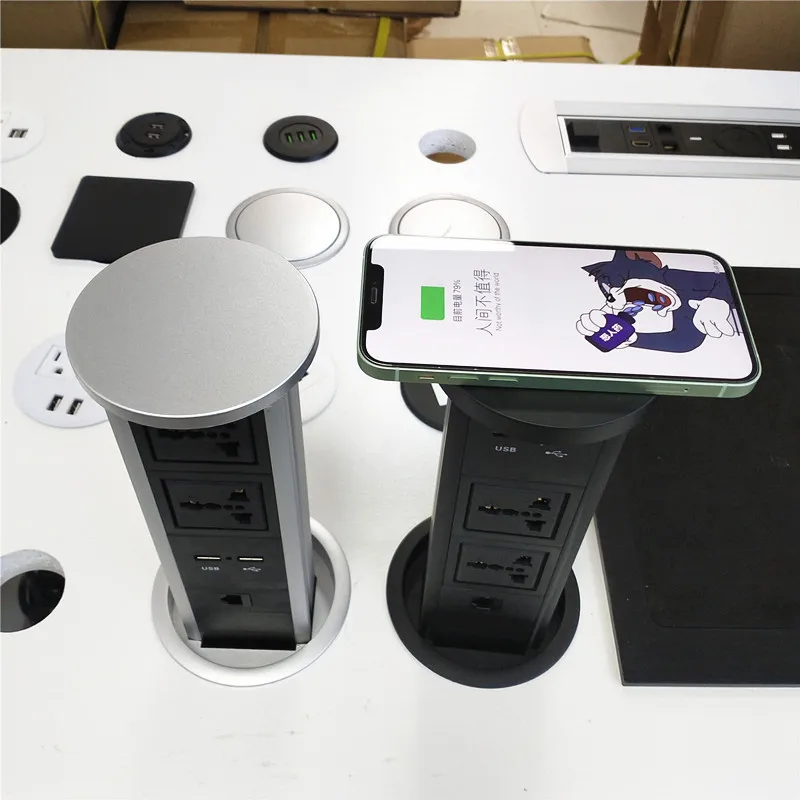 Waterproof retractable hidden in office desk kitchen Hydraulic universal power pop up tower socket with wireless charger cat6