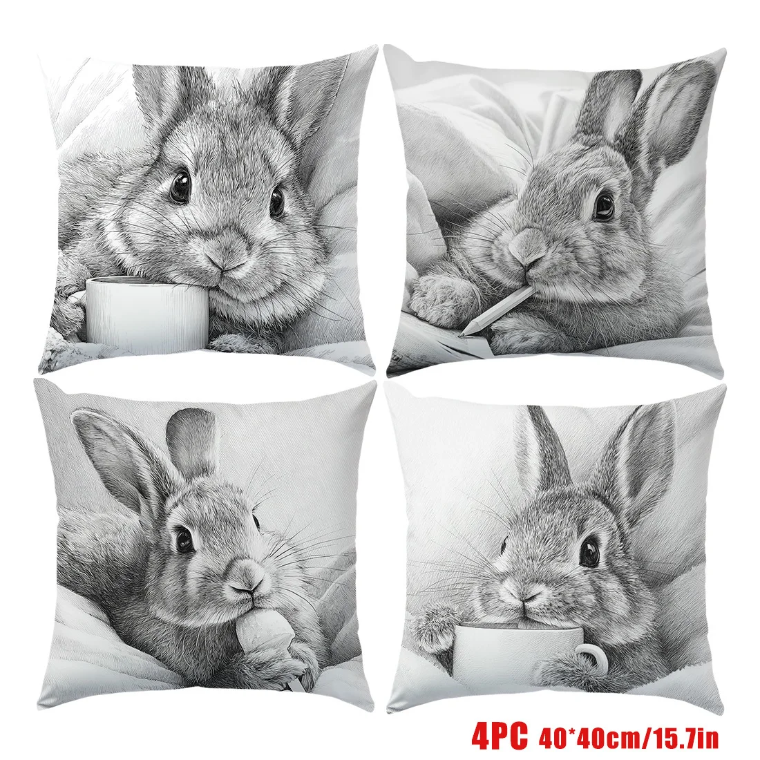 4pcs Single-sided Printed Pillow Covers Cute Rabbit Sketch Illustration Decorative Zipper Cushion Cases for Living Room Sofa