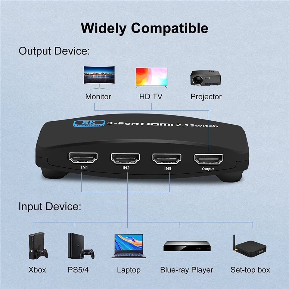 Navceker HDMI Splitter 8K 60Hz 4K 120Hz 3 in 1 out for TV Xiaomi Xbox Series PS5 HDMI Cable Monitor Projector HDMI 2.1 Switcher