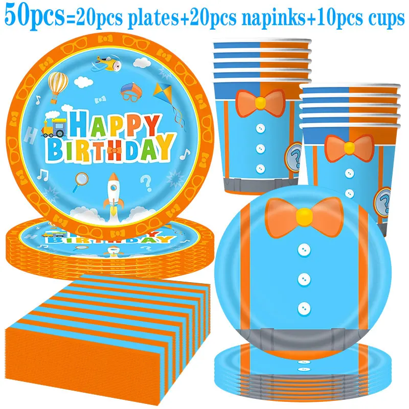 Englische Lehrer-Geburtstagsdekoration im Blippi-Thema: Teller, Becher, Ballons, Banner, Hintergrund, Geschenktüten und Partyzubehör – Detail 5