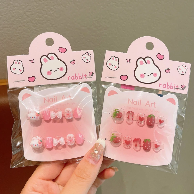 10Pcs Children's Cute Cartoon Rubbit and Strawberry Press on Nails Baby Fake Nails Girls Nail Tips with Toolkit image 4