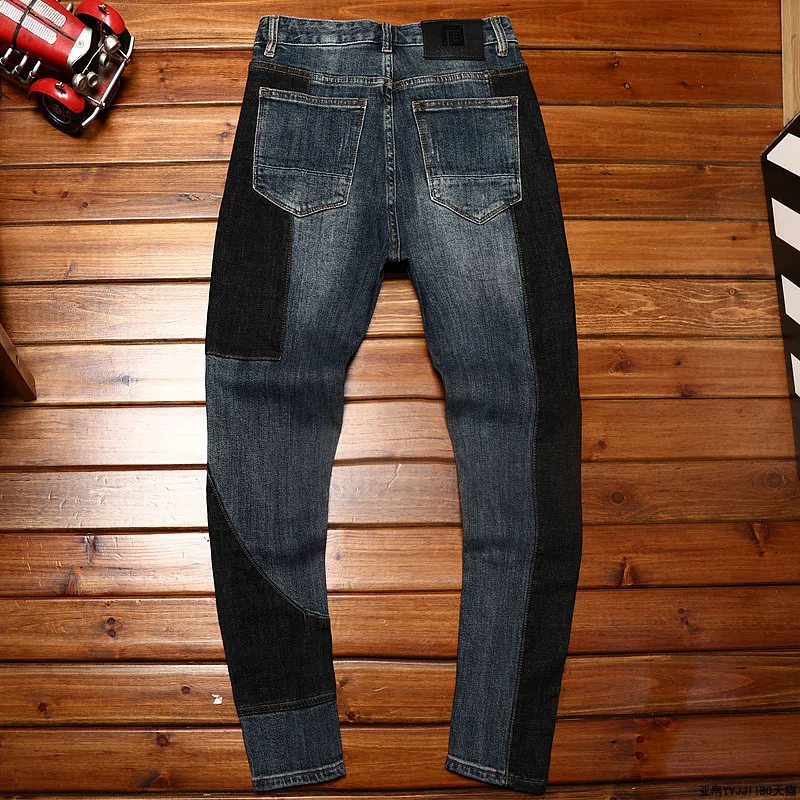 Motorcycle style ripped jeans men's spring and autumn fashion fashion elastic slim fit skinny stitching design men's trousers