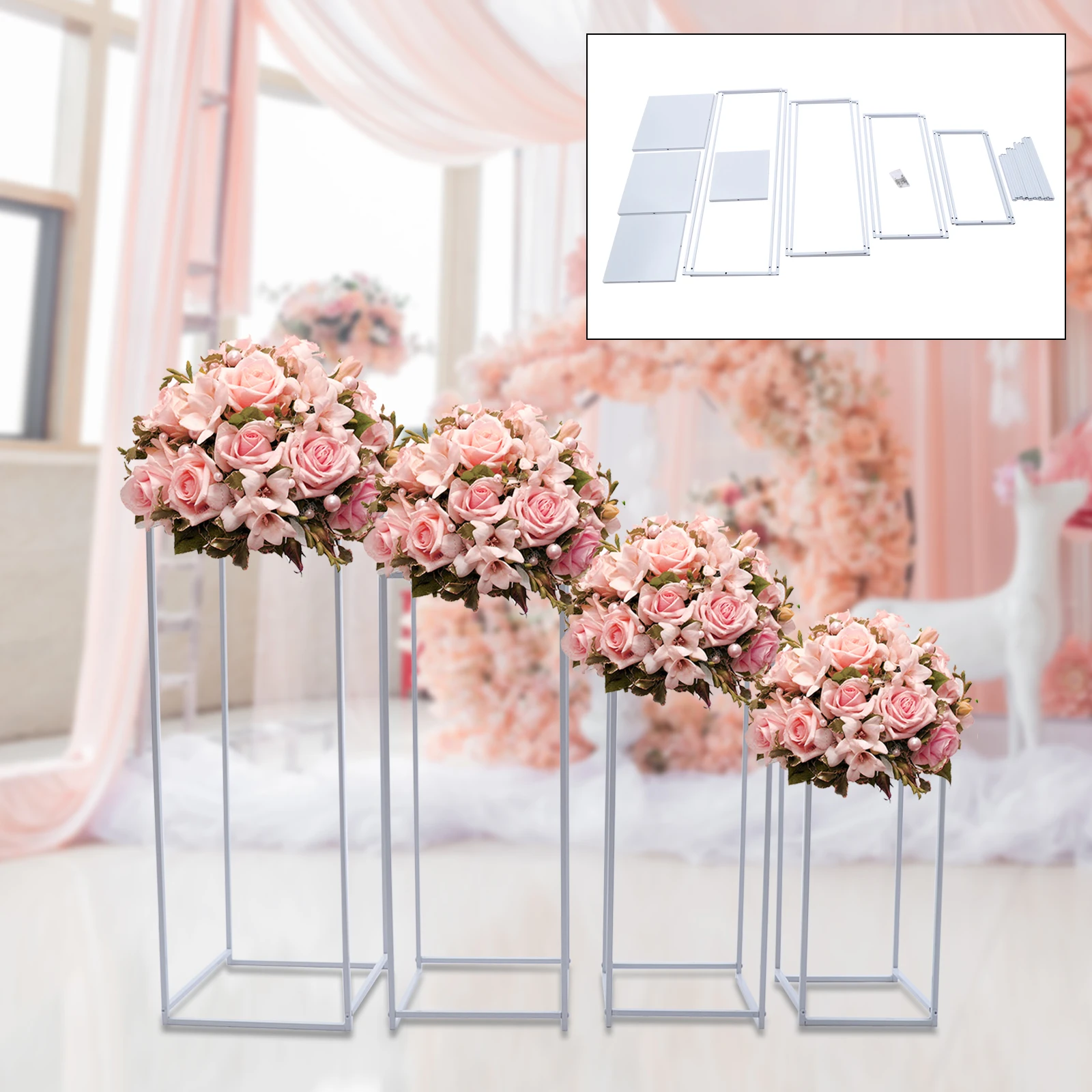 4Pcs White Flower Floor Stand Metal Column Flower Stand Flower Arrangement For Wedding Party Dinner Centerpiece