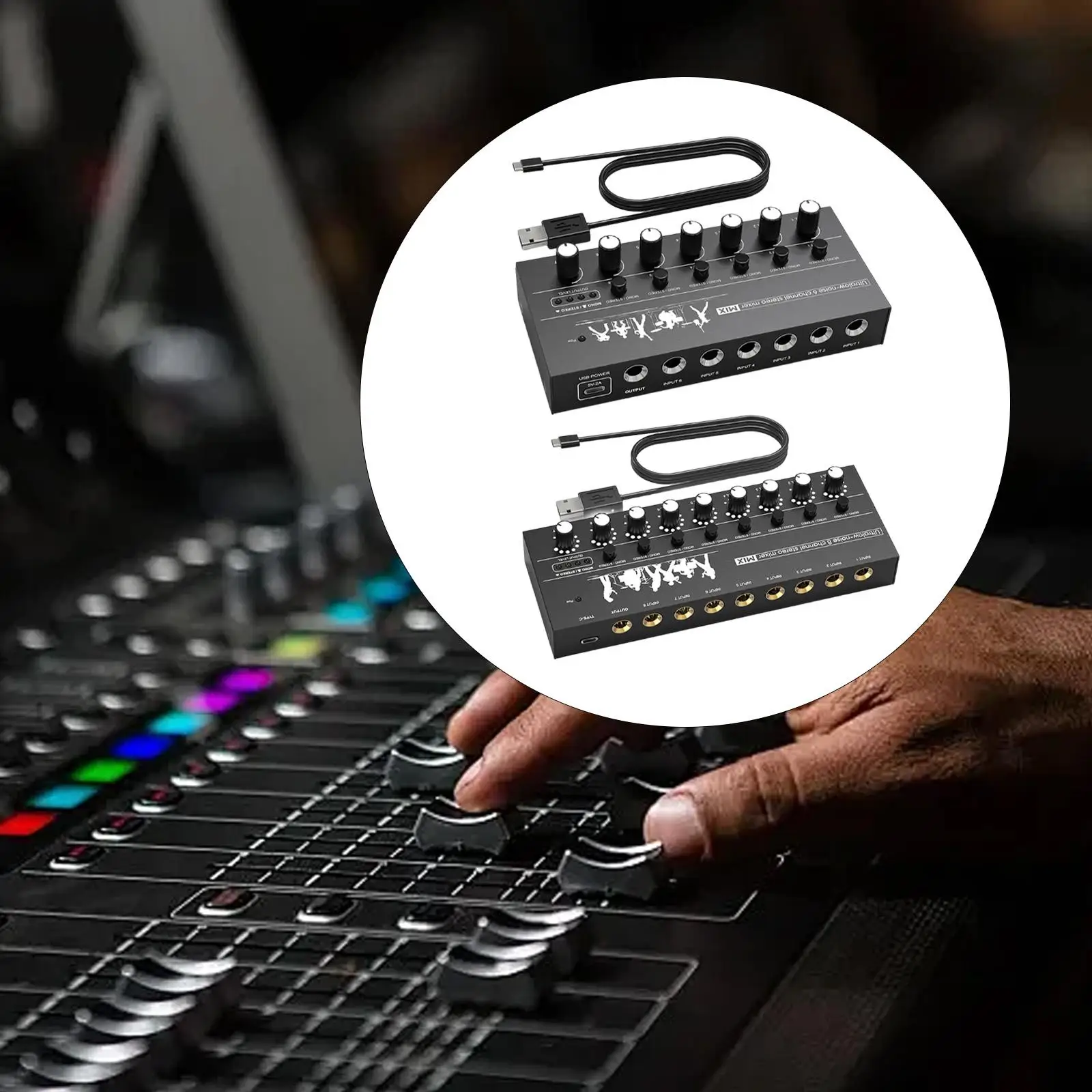 Line Mixer Professional Compact Portable DC5V Mini Audio Mixer Stereo/Mono TRS Output and Input for Bass PC Speaker Phone Club