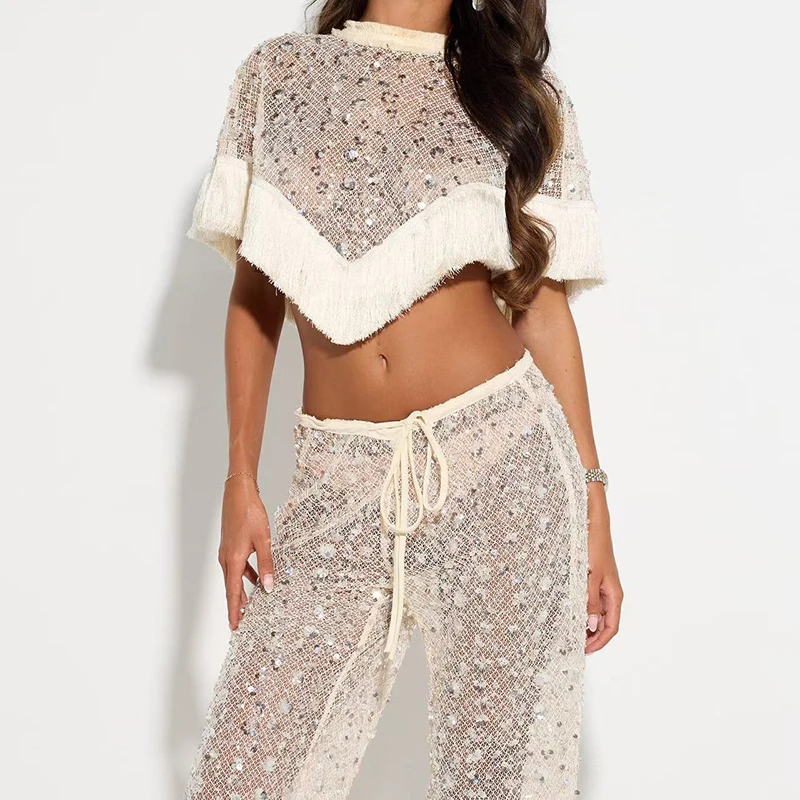 Shining Sequin Slim Summer Outfit Tassel Splicing Women Holiday Party Suits O Neck Short Sleeved Top + Long Skirt Two Piece Set image 6