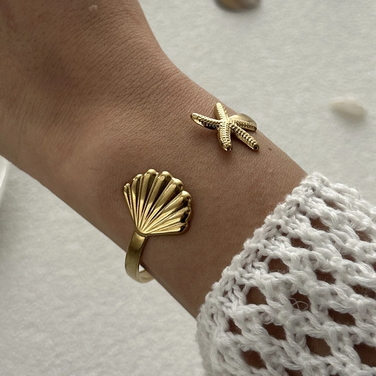 Edelstahl Metall Shell Seestern Armreif Armbänder Für Frauen Männer Vintage Gold Farbe Einfache Sea Star Offene Armreif Partei Schmuck