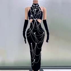 Sparkly Diamonds Tassels Chain Balck Color Sexy Halter Backless Midi-Length Dress Evening Party Celebrate Performance Costume