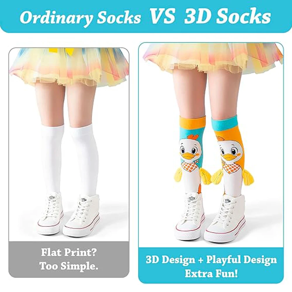 귀여운 만화 동물 양말, 일상 착용을 위한 밝은 색상의 크루 양말, 날개가 튀어나오는 사랑스러운 3D 오리 양말, 매우 부드러움